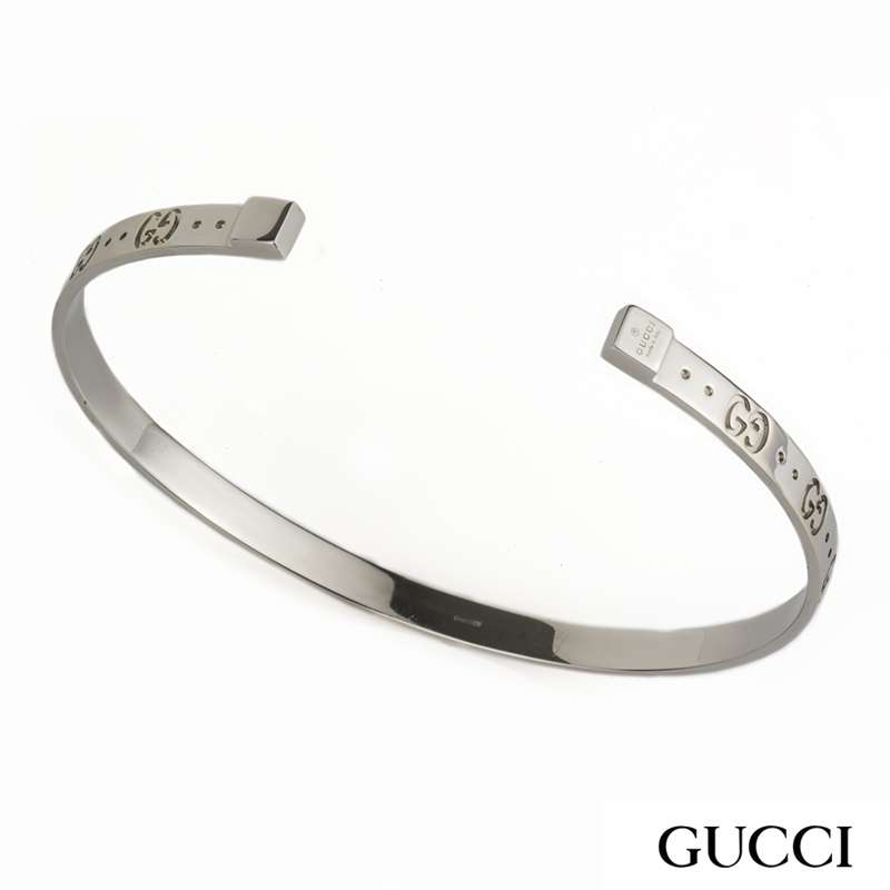 Gucci 18k White Gold Icon Cuff Bangle | Rich Diamonds